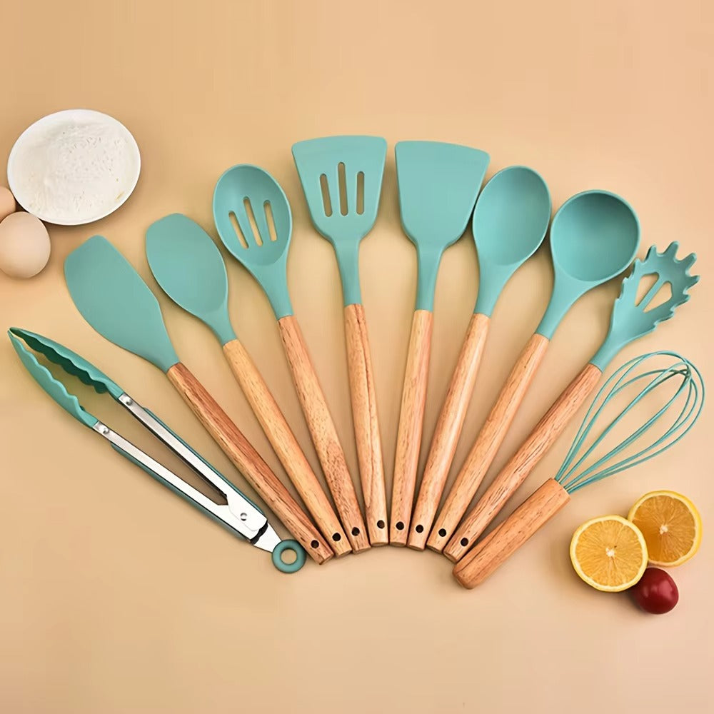 Premium 12 Piece Silicone Kitchen Utensil Set – Heat Resistant, Non-Stick Cooking Tools with Wooden Grip Handles