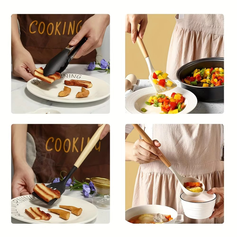Premium 12 Piece Silicone Kitchen Utensil Set – Heat Resistant, Non-Stick Cooking Tools with Wooden Grip Handles