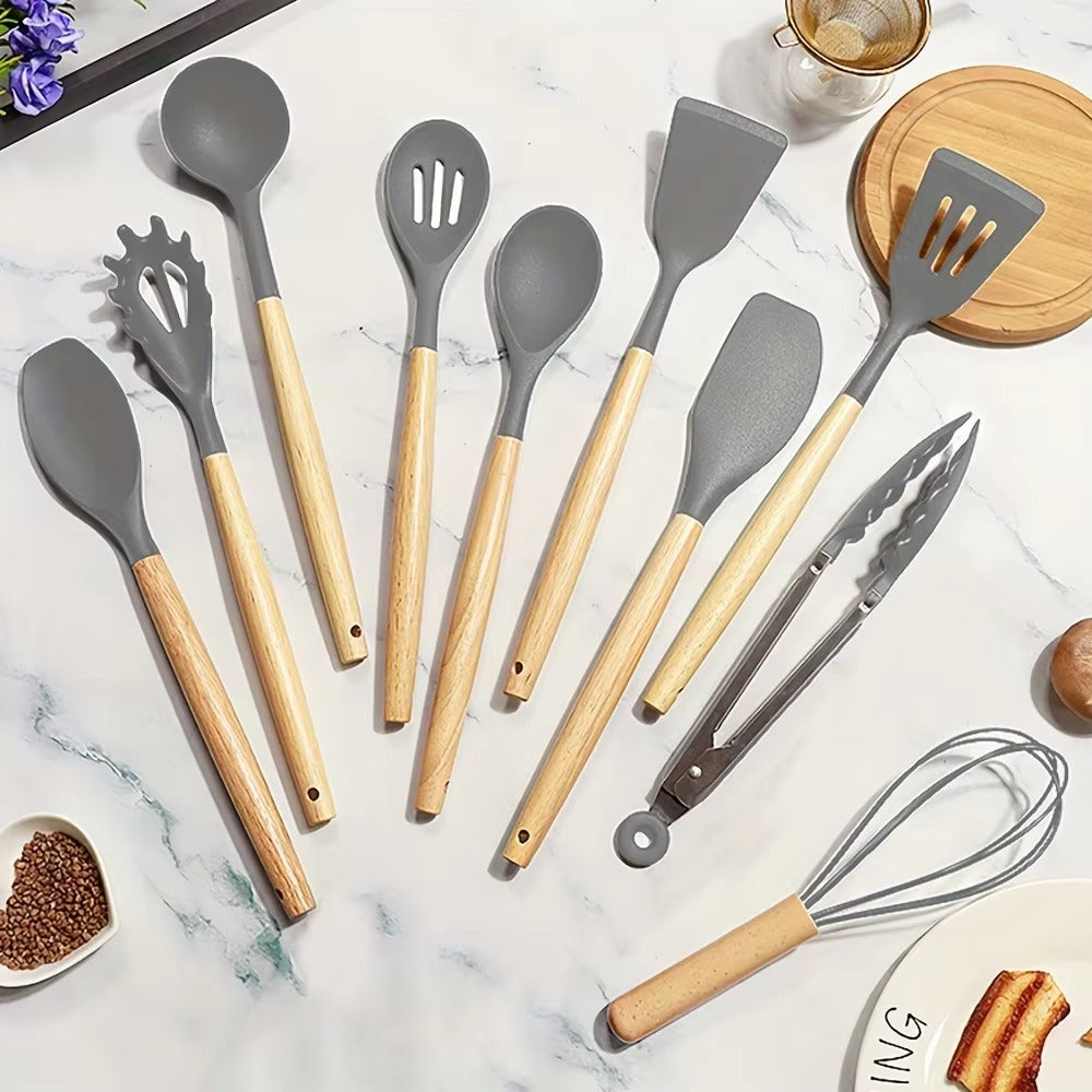 Premium 12 Piece Silicone Kitchen Utensil Set – Heat Resistant, Non-Stick Cooking Tools with Wooden Grip Handles