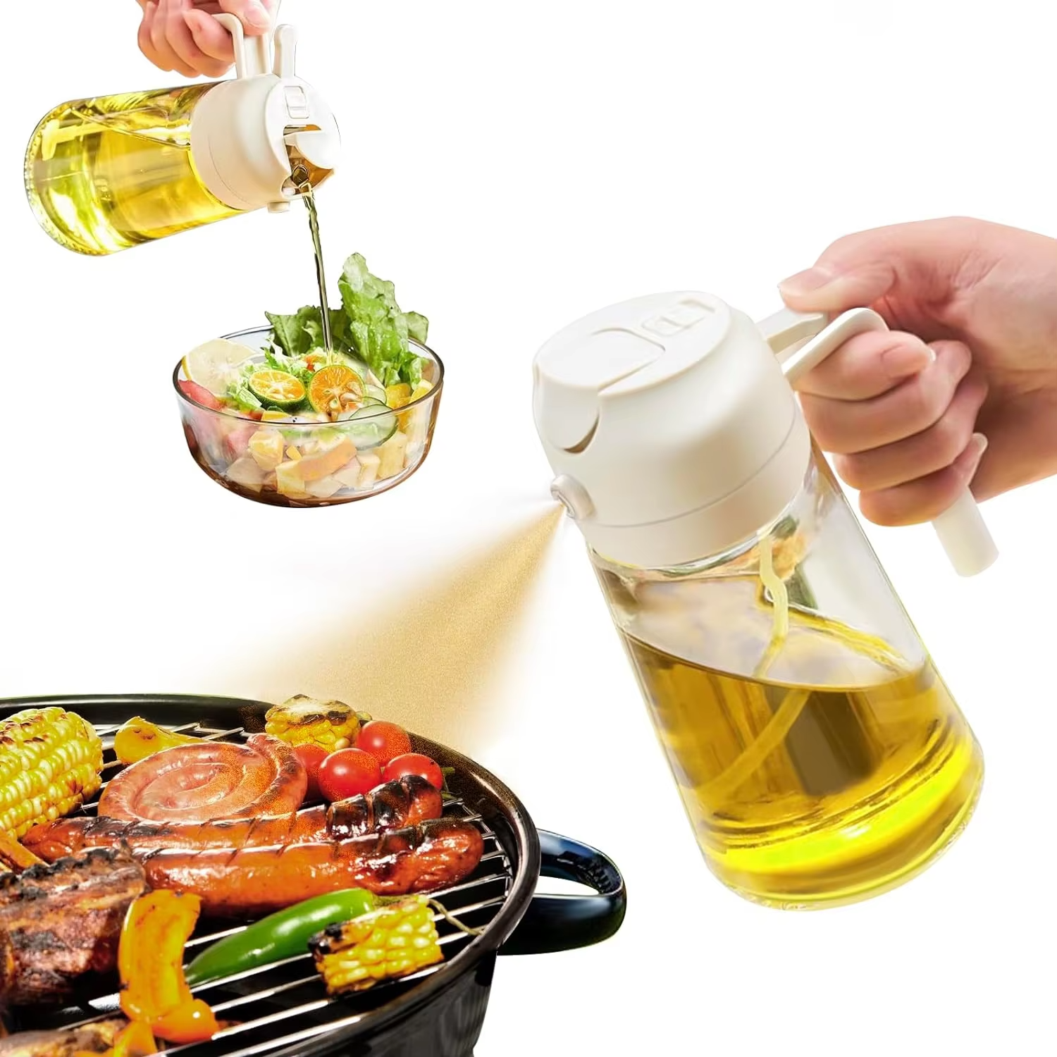 Premium Glass Oil Spray Bottle for Cooking & BBQ 2-in-1 Oil Sprayer Bottle – Kitchen Cooking & Salad Use Non-Aerosol Oil Spray Bottle – Refillable Kitchen Dispenser Healthy Cooking Oil Mister Spray Bottle for Air Fryer
