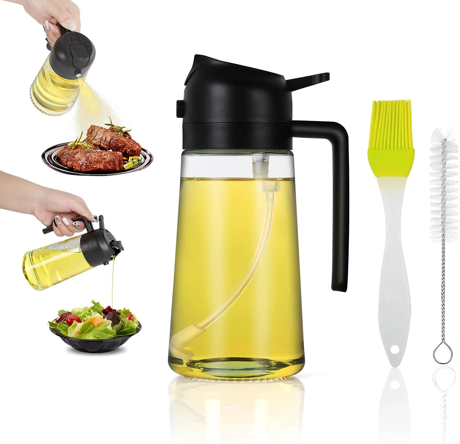 Premium Glass Oil Spray Bottle for Cooking & BBQ 2-in-1 Oil Sprayer Bottle – Kitchen Cooking & Salad Use Non-Aerosol Oil Spray Bottle – Refillable Kitchen Dispenser Healthy Cooking Oil Mister Spray Bottle for Air Fryer